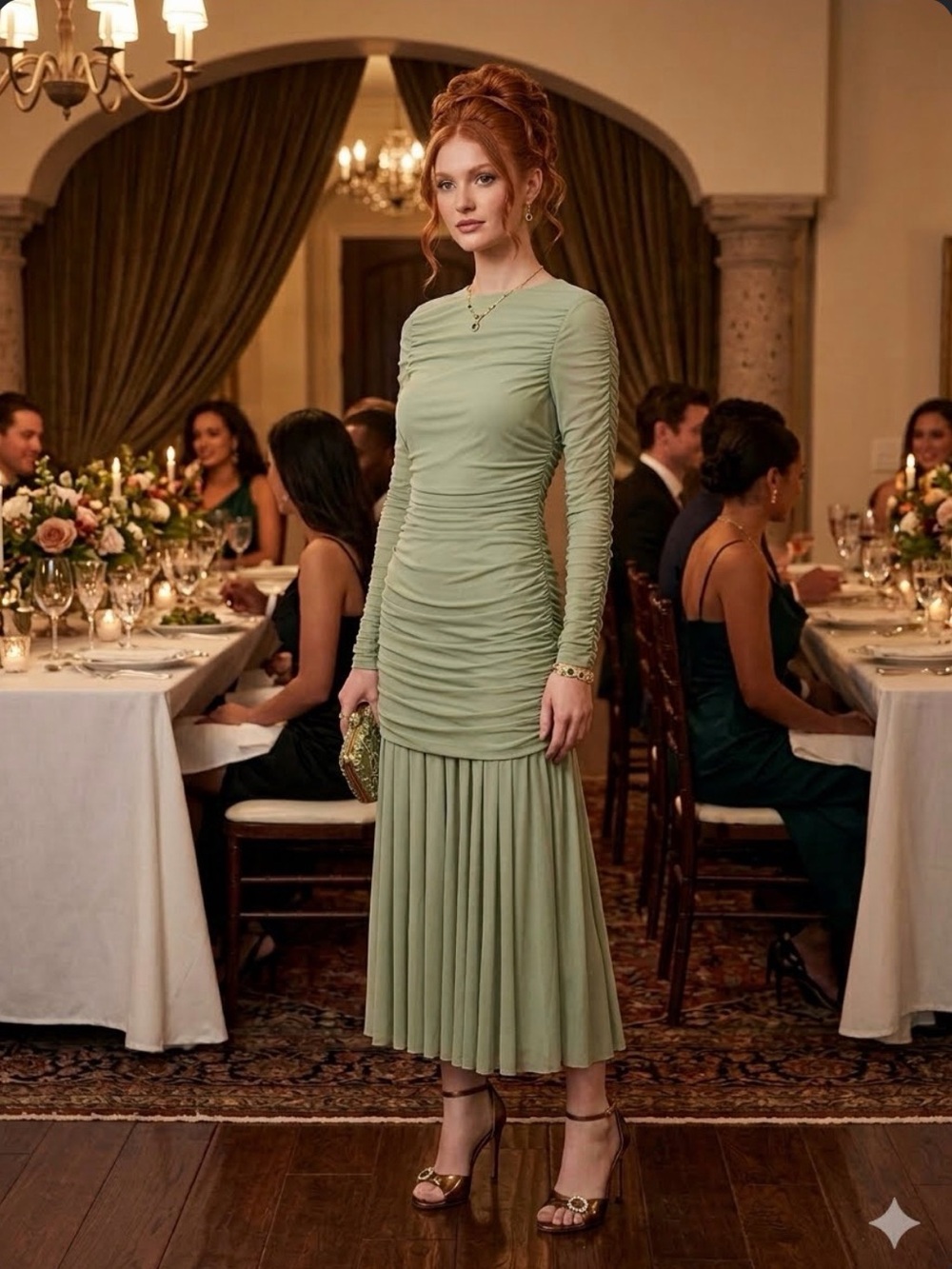 Elegant Ruched Long-Sleeve Midi Dress in Sage Green